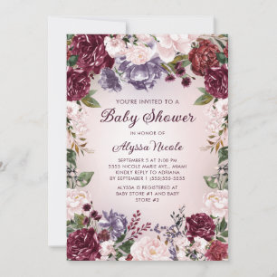 Lila Rosa Burgunder Blommig Bebisbal Inbjudningar