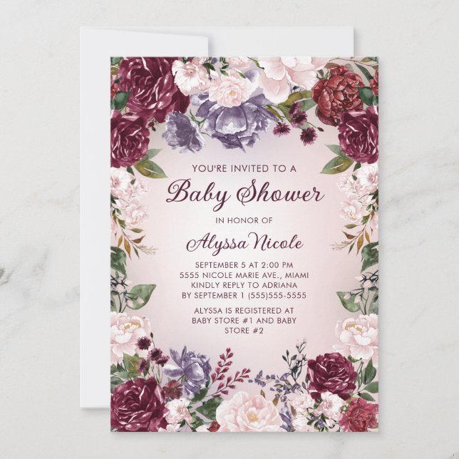 Lila Rosa Burgundy Blommigt Baby Shower Inbjudningar (Framsida)