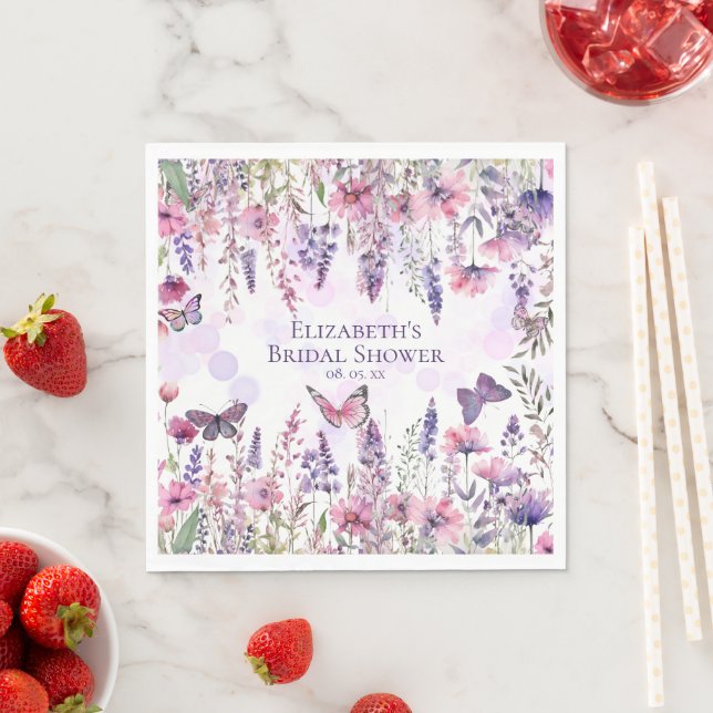 Lila Rosa Butterflies och Wildblommor Blommigt Pappersservett (Insitu)