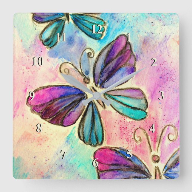 Lila Rosa Butterflies Wall Clock Fyrkantig Klocka (Framsida)