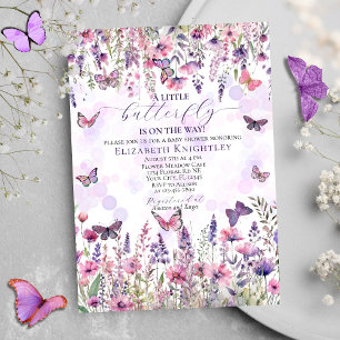 Lila Rosa Butterflies & Wildblomma Baby Shower Inbjudningar