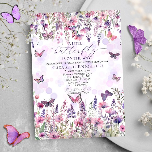 Lila Rosa Butterflies & Wildblomma Baby Shower Inbjudningar (Skapare uppladdad)
