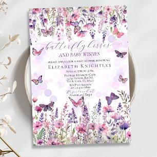Lila Rosa Butterflies & Wildblomma Baby Shower Inbjudningar