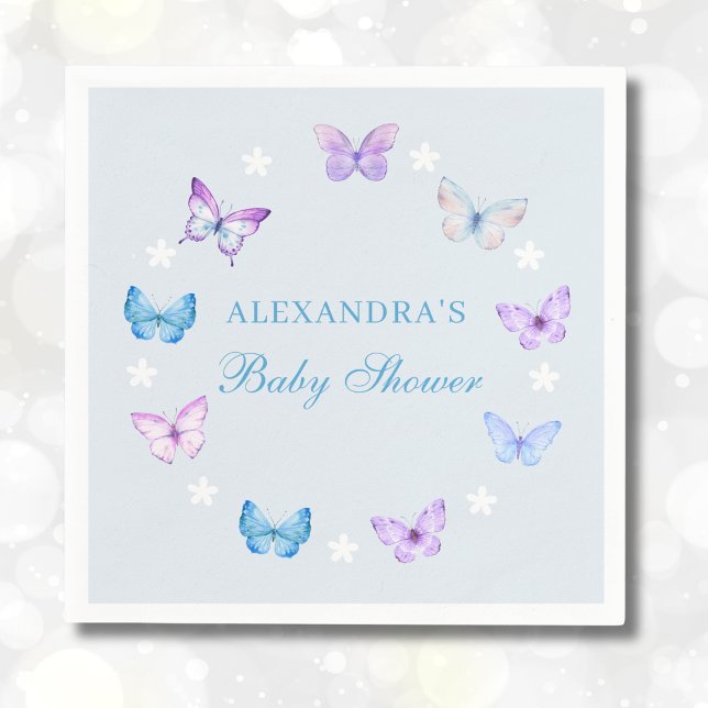 Lila Rosa Butterfly Dusty Blue Baby Shower Pappersservett (Skapare uppladdad)