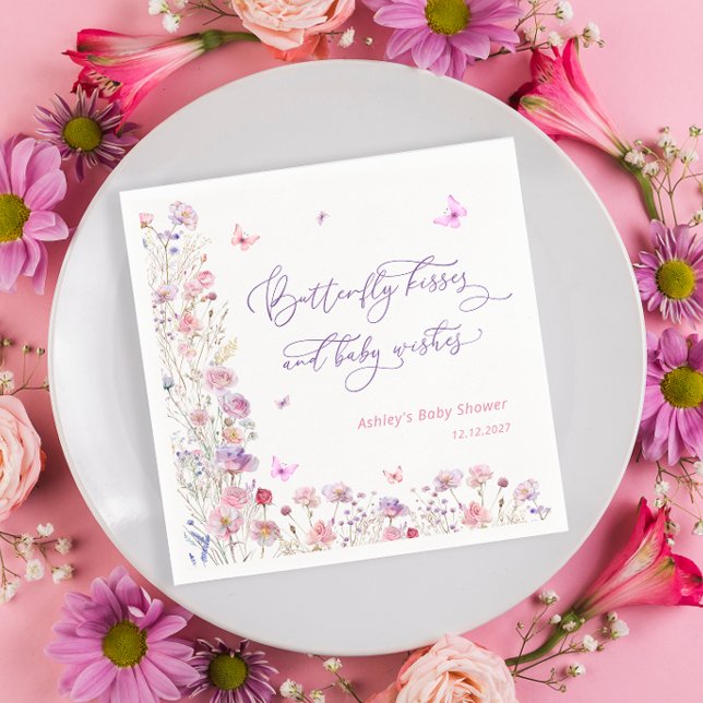 Lila Rosa Butterfly Kisses Girl Baby Shower Pappersservett (Skapare uppladdad)