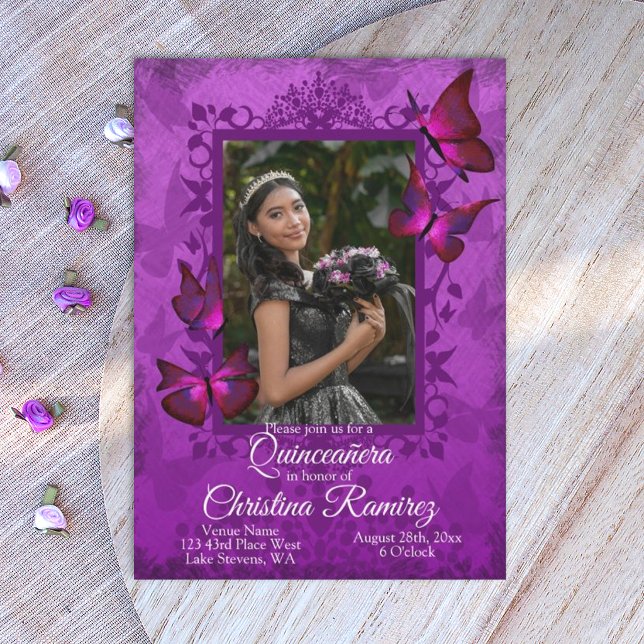 Lila, Rosa Butterfly Quinceanera-inbjudan Inbjudningar (dark purple violet magenta quinceanera invitations, royal purple, maroon mis quince anos)