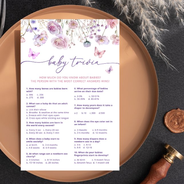 Lila Rosa Butterfly Wildblommor Baby Trivia Game (Skapare uppladdad)