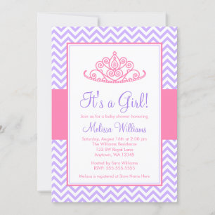 Lila Rosa Chevron Princess Krona Baby Shower Inbjudningar