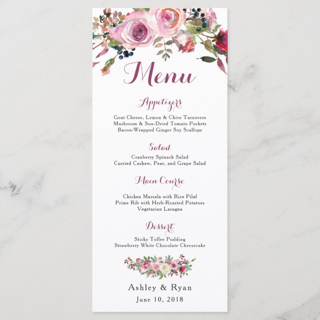 Lila Rosa Chic Ro Blommigt Bröllop Menu Meny (Framsida)