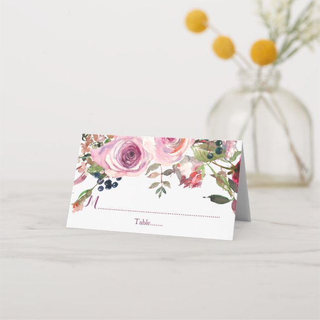 Lila Rosa Chic Watercolor Ro Blommigt Bröllop Placeringskort (Framsida)