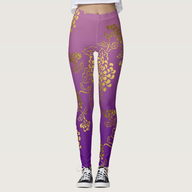 Lila Rosa Chrysanthemum Ombre Fade Leggings (Framsida)