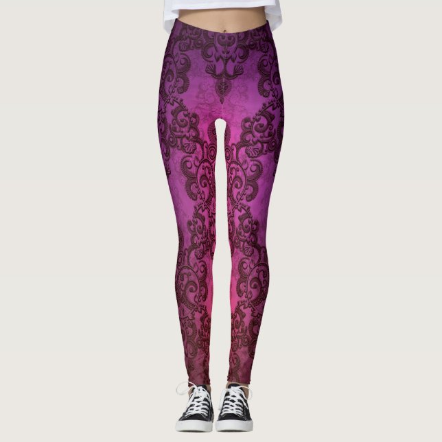 Lila Rosa Damask Boho Styl Leggings (Framsida)