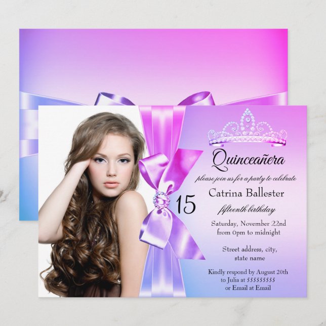 Lila Rosa Diamantbåge Tiara Quinceanera Inbjudan (Fram/baksida)