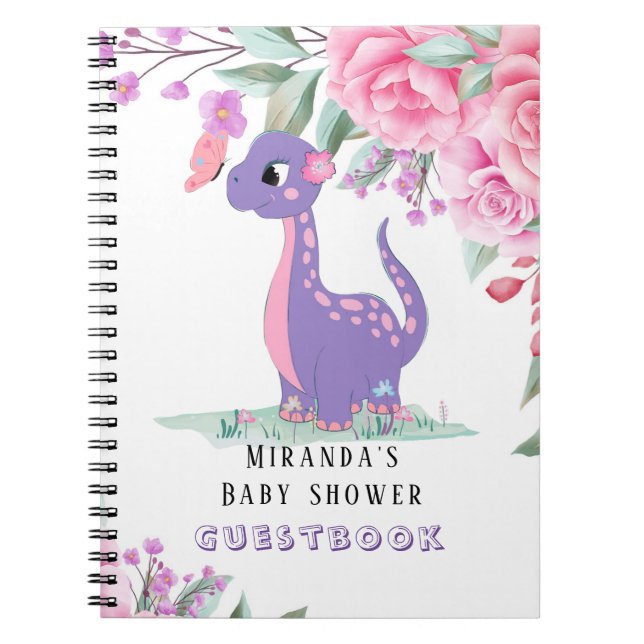 Lila Rosa Dinosaur Girl Baby Shower Guestbook Anteckningsbok (Framsidan)