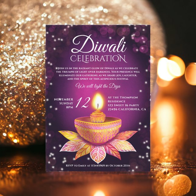 Lila rosa Diwali Lamps ljusillustration Inbjudningar (Purple pink Diwali Lamps light illustration script Invitation)