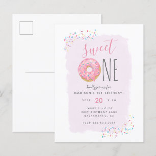 Lila Rosa Doughnut Sprinkle Sweet 1st Birthday Inbjudan Vykort