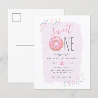 Lila | Rosa Doughnut Sprinkle Sweet 1st Birthday Inbjudan Vykort