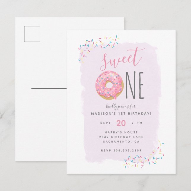 Lila | Rosa Doughnut Sprinkle Sweet 1st Birthday Inbjudan Vykort (Fram/baksida)