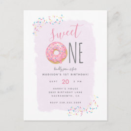 Lila | Rosa Doughnut Sprinkle Sweet 1st Birthday Inbjudan Vykort