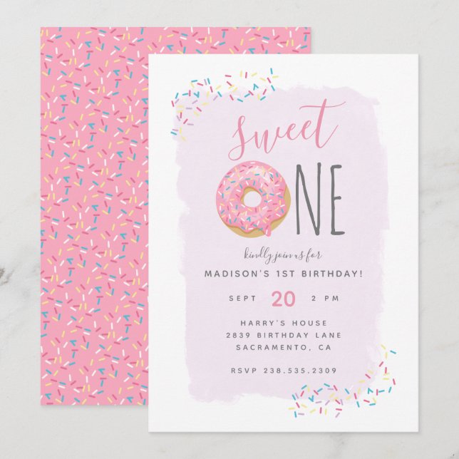 Lila | Rosa Doughnut Sprinkle Sweet 1st Birthday Inbjudningar (Fram/baksida)