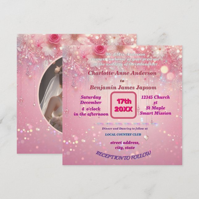 Lila Rosa Dripping Faux Glitter blommigt Inbjudningar (Fram/baksida)