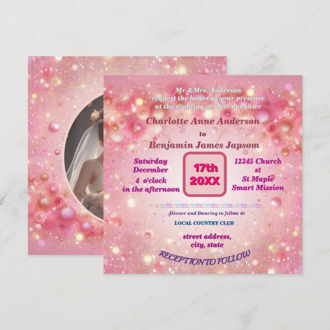 Lila Rosa Dripping Faux Glitter blommigt Inbjudningar (Fram/baksida)