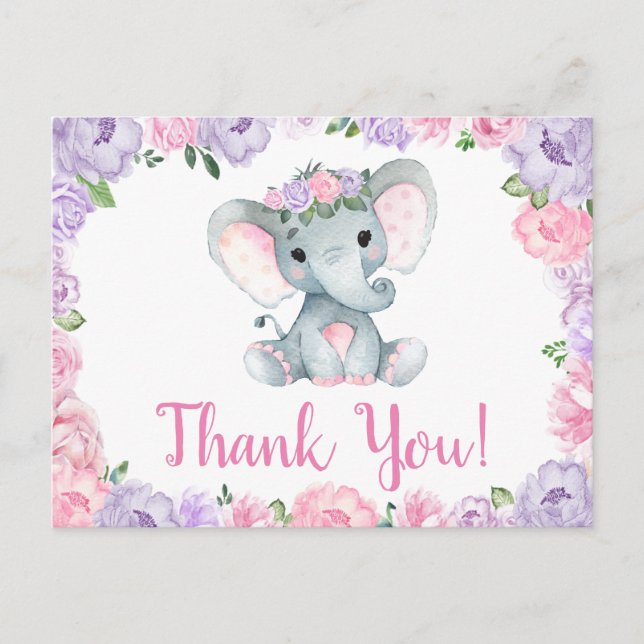 Lila rosa Elefant Tack Rosor Flickor Postkort Vykort (Framsida)