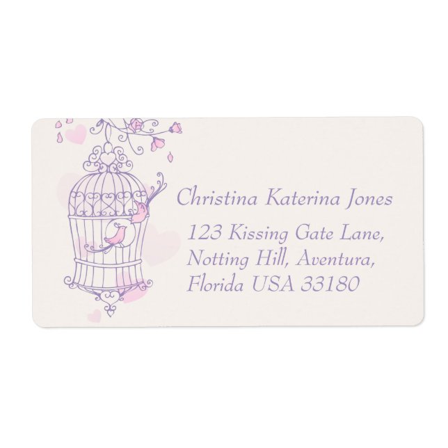 Lila rosa fågelburk bröllop retur adressetikett fraktsedel (Framsidan)