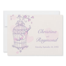 Lila rosa fåglar öppna bur bröllopsinbjudan