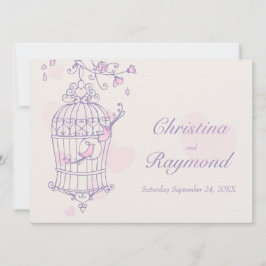 Lila rosa fåglar öppna bur bröllopsinbjudan inbjudningar