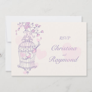 Lila & rosa fåglar öppnar burfåglar bröllop RSVP Inbjudningar