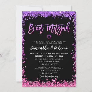 Lila Rosa Fals Glitter B'not Mitzvah Inbjudningar