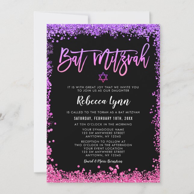 Lila Rosa Falskt Glitter Bat Mitzvah Inbjudningar (Framsida)