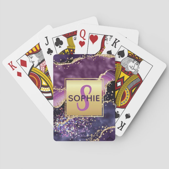 Lila & Rosa & Falskt Guld Glitter Agat Monogram Casinokort (Baksidan)
