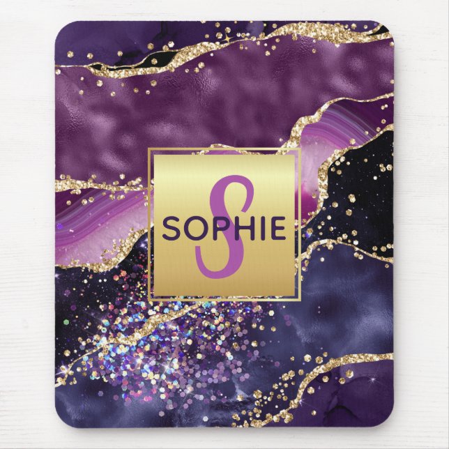 Lila & Rosa & Falskt Guld Glitter Agat Monogram Musmatta (Framsidan)