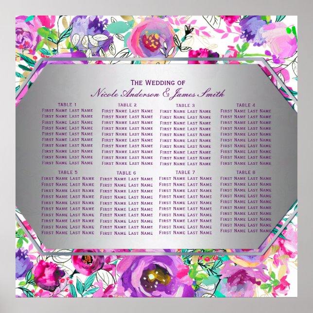 Lila Rosa Färgglatt Modernt Blommigt Sittplatssche Poster (Framsidan)