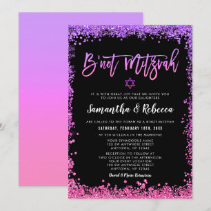 Lila Rosa Faux Glitter B'not Mitzvah Inbjudningar