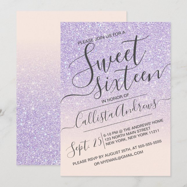 Lila Rosa Faux Sparkly Glitter Ombre Sweet 16 Inbjudningar (Fram/baksida)