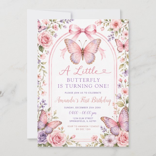 Lila Rosa Fjäril Första Födelsedagsinbjudan Inbjudningar (Framsida)