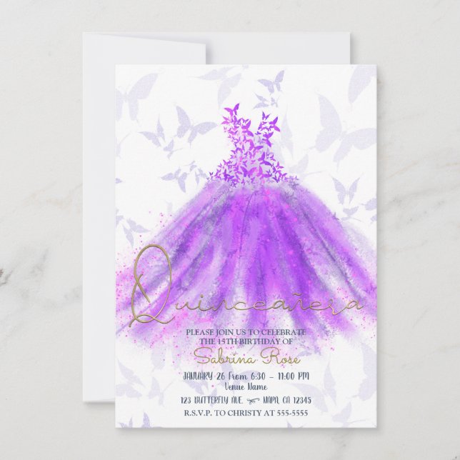 Lila & Rosa fjärilsdansklänning Quinceañera Inbjudningar (Framsida)