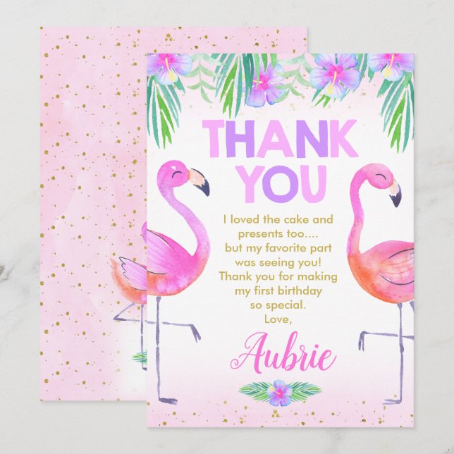 Lila Rosa Flamingo Birthday Tack you Card Inbjudningar (Fram/baksida)