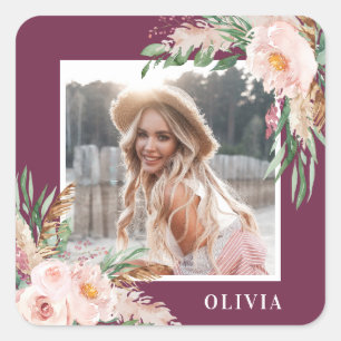 Lila Rosa flickaktig blommig foto födelsedagsprese Fyrkantigt Klistermärke