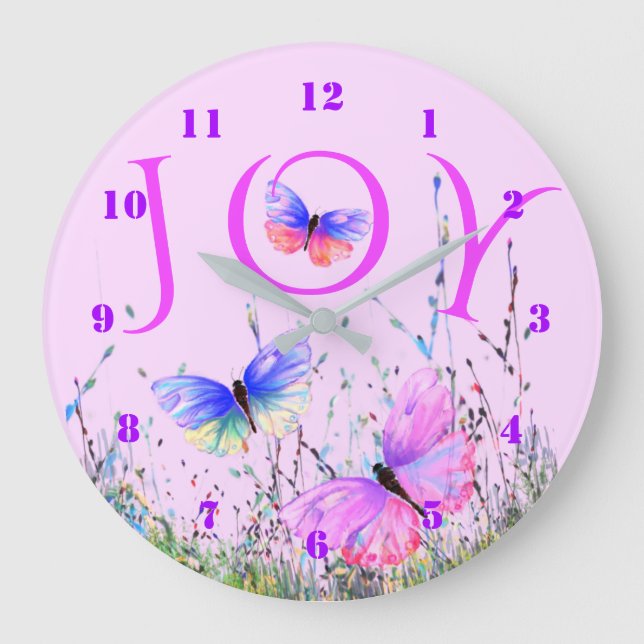 Lila Rosa Flied Butterflies Clock - Vår Joy Stor Klocka (Framsida)