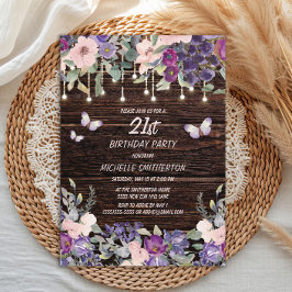 Lila Rosa Flowers Butterflies Rustic Wood 21st Inbjudningar