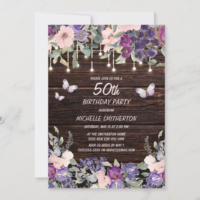 Lila Rosa Flowers Butterflies Rustic Wood 50:e Inbjudningar (Framsida)