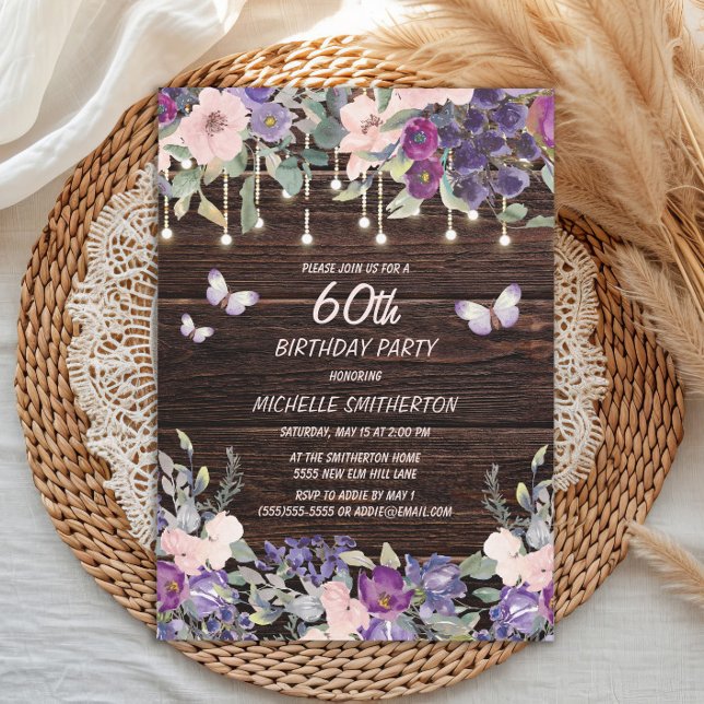 Lila Rosa Flowers Butterflies Rustic Wood 60:e Inbjudningar (Purple and pink watercolor floral and butterflies on rustic wood 60th birthday party invitation)