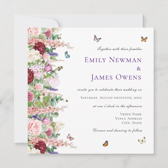 Lila Rosa Flowers & Butterflies Square Bröllop Inbjudningar (Framsida)
