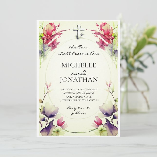Lila Rosa Flowers Christian Kor Bible Bröllop Inbjudningar (Stående Fram)