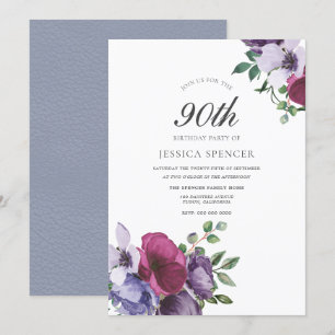 Lila Rosa Flowers Watercolor 90:e Födelsedagsfest Inbjudningar