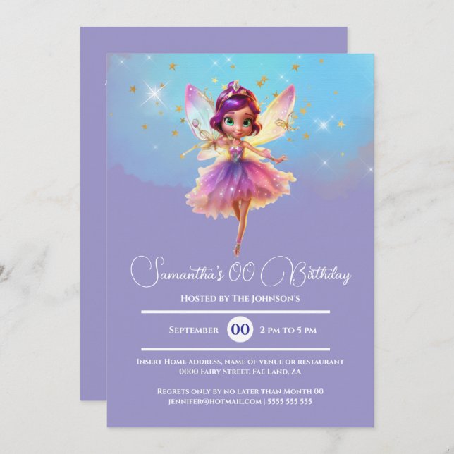 Lila rosa födelsedagsfest inbjudningar (Fram/baksida)